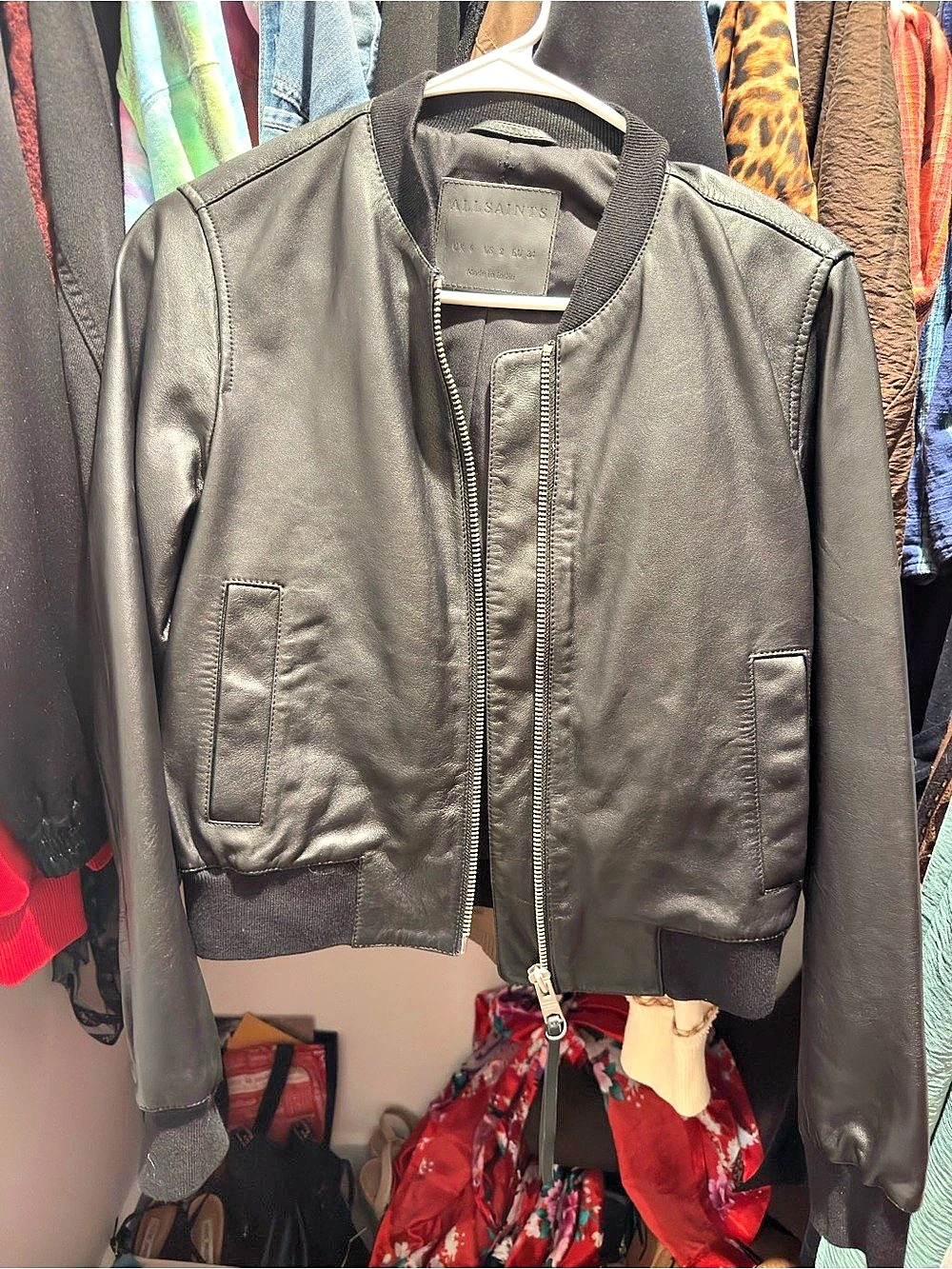 AllSaints Suri Cropped Leather Bomber Jacket Black US 2
